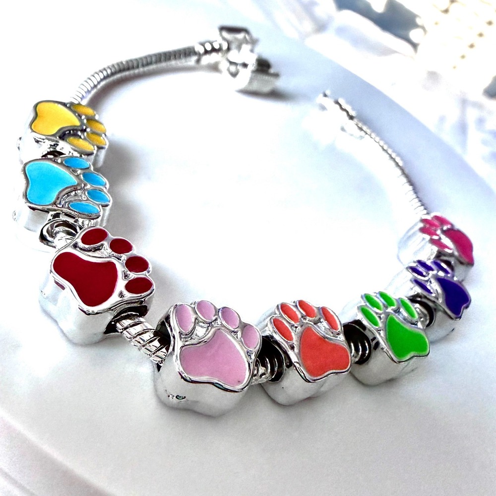 Pandora-like Bead Charm Fits Snake Chain Bracelet Paw Print Enamel Animal Pet